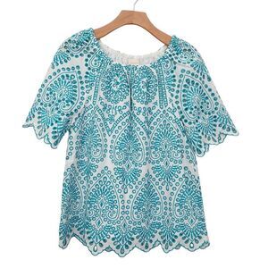 Chico's Eyelet Embroidered Top Womens Small Aqua Green Short Sleeve Bohemian
